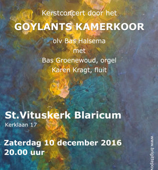 Kerstconcert Goylants Kamerkoor. Zaterdag 10 december 2016 20.00 uur, St. Vituskerk, Kerklaan, Blaricum